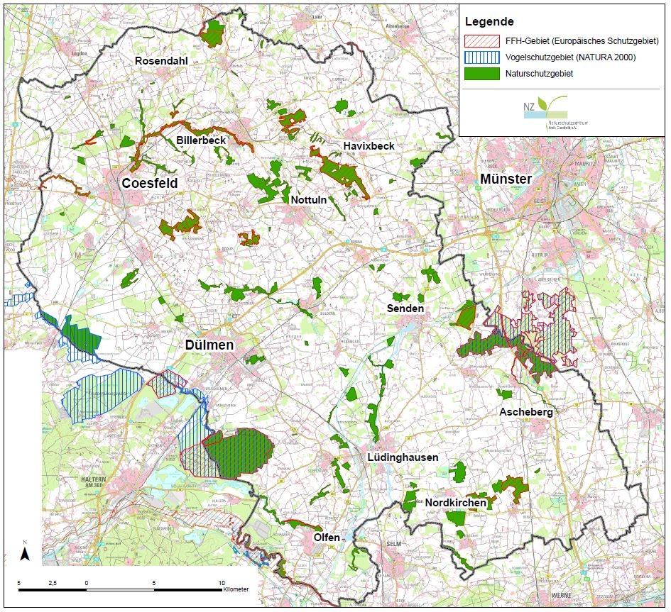Schutzgebiete im Kreis Coesfeld, Stand: 2017 (Karte: Naturschutzzentrums Kreis Coesfeld e.V.)